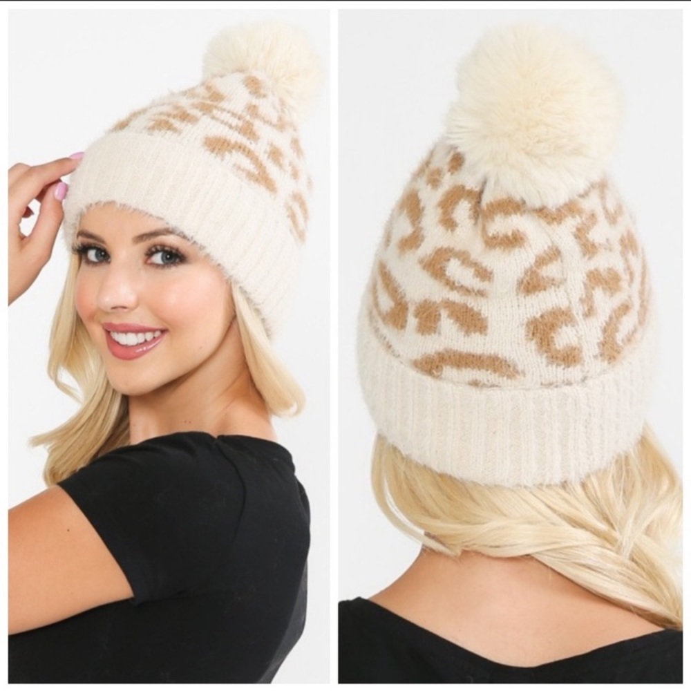 Taupe leopard print pom beanie